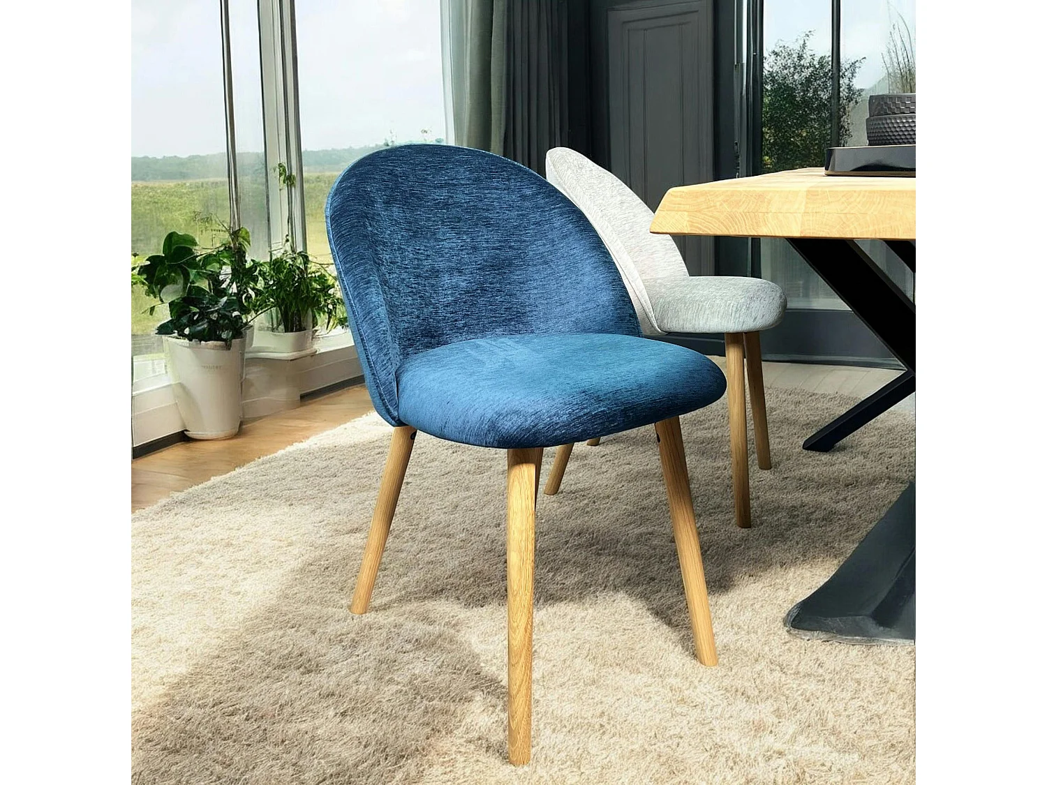 Chaise scandinave en bois et velours bleu (lot de 2) ETNA