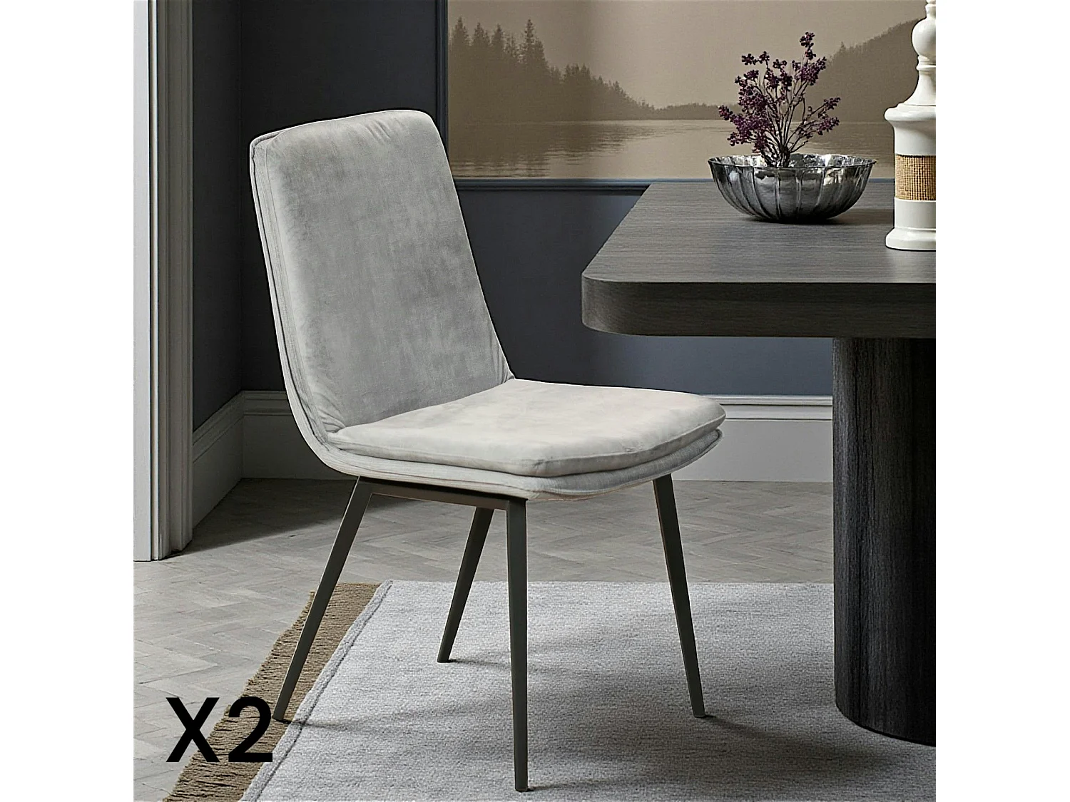 Chaise en velours gris à double coussinage (lot de 2) OKA