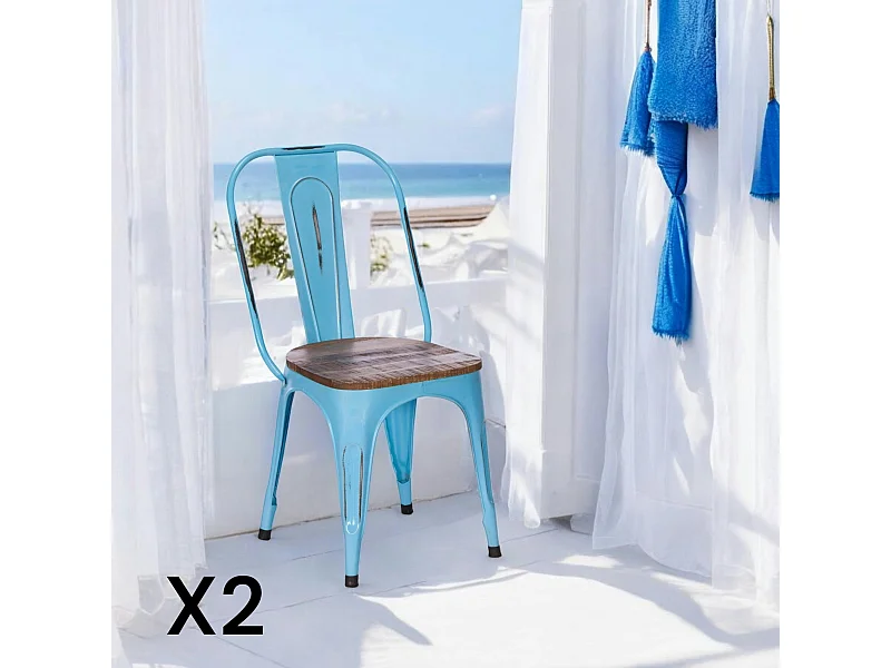 Chaise industrielle métal bleu bois recyclé LEEDS (lot de 2)