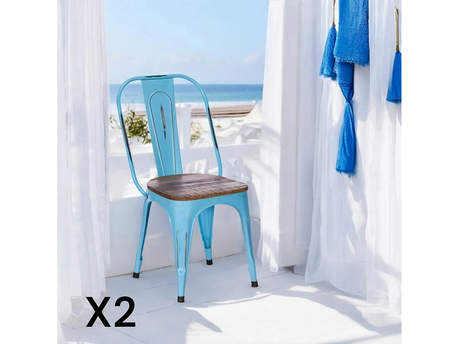 Chaise industrielle métal bleu bois recyclé LEEDS (lot de 2)