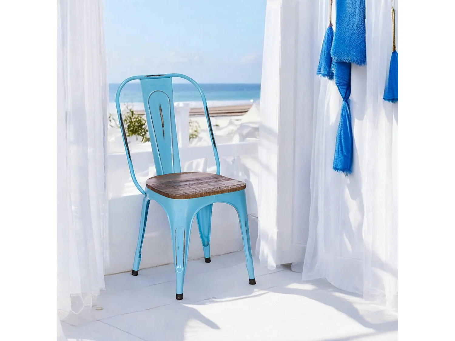 Chaise industrielle métal bleu bois recyclé LEEDS (lot de 2)