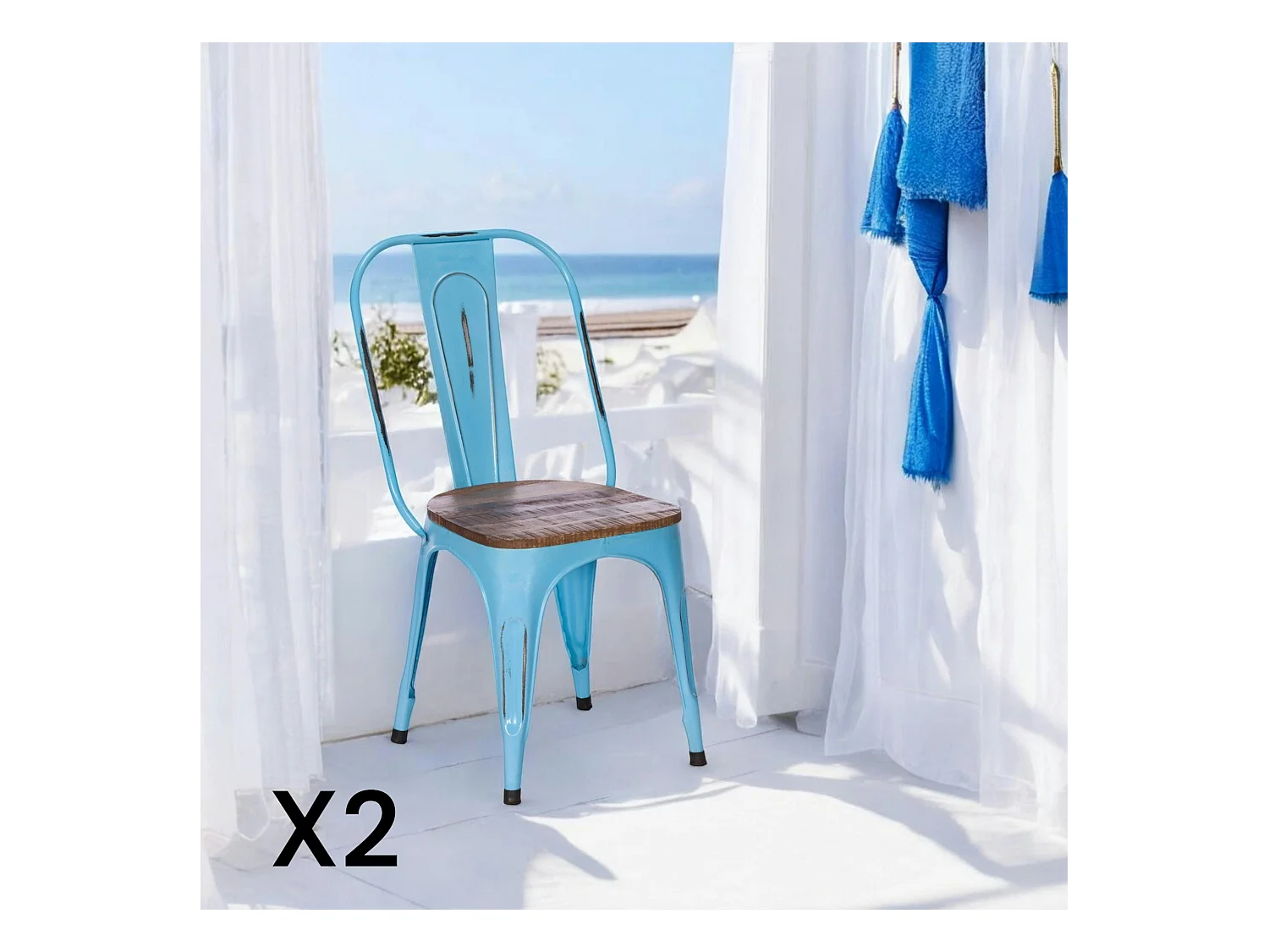 Chaise industrielle métal bleu bois recyclé LEEDS (lot de 2)