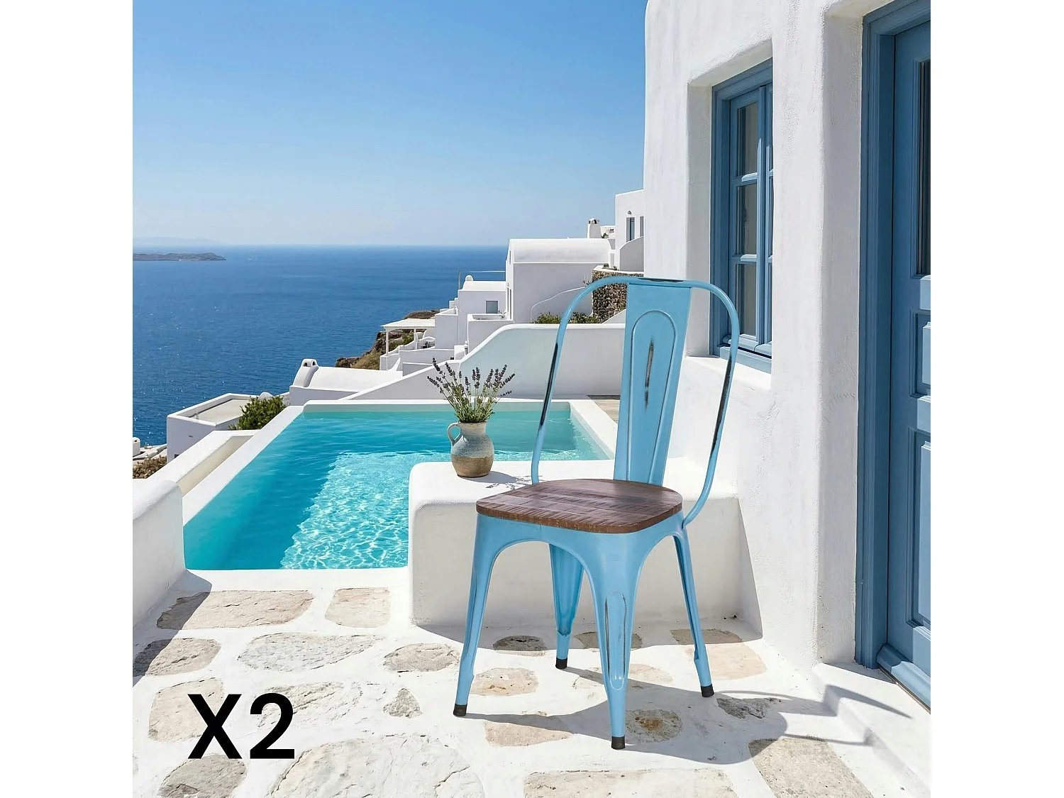 Chaise industrielle métal bleu bois recyclé LEEDS (lot de 2)