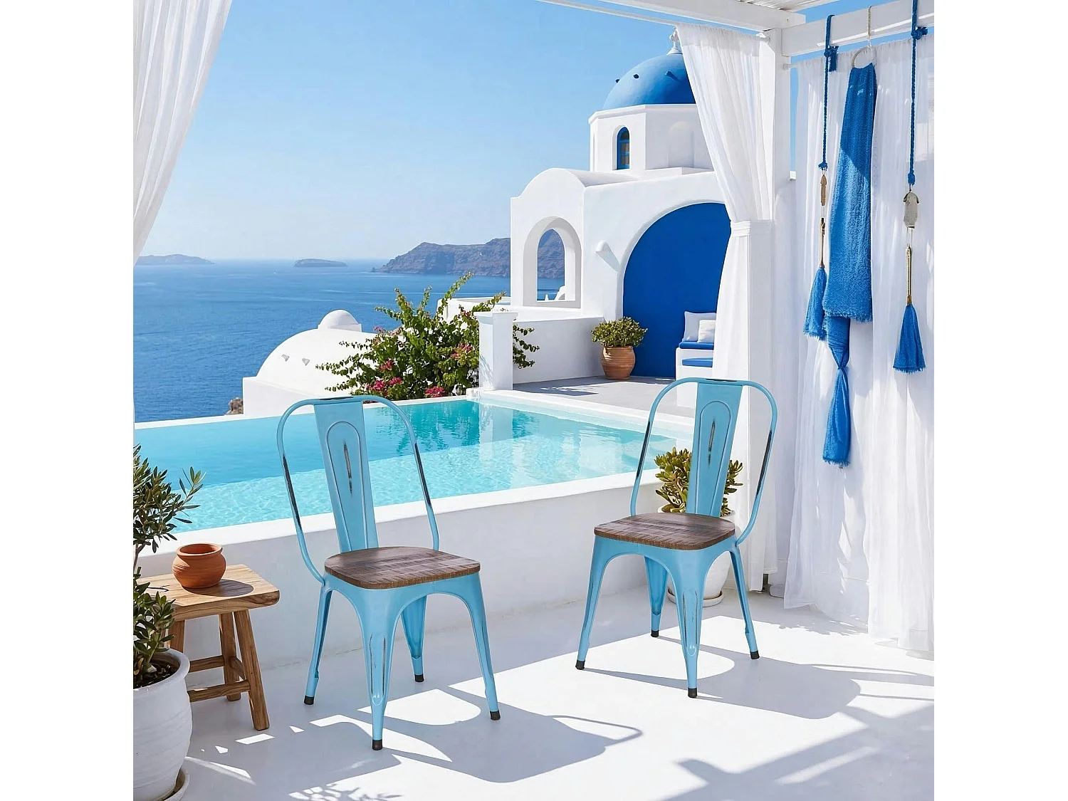 Chaise industrielle métal bleu bois recyclé LEEDS (lot de 2)