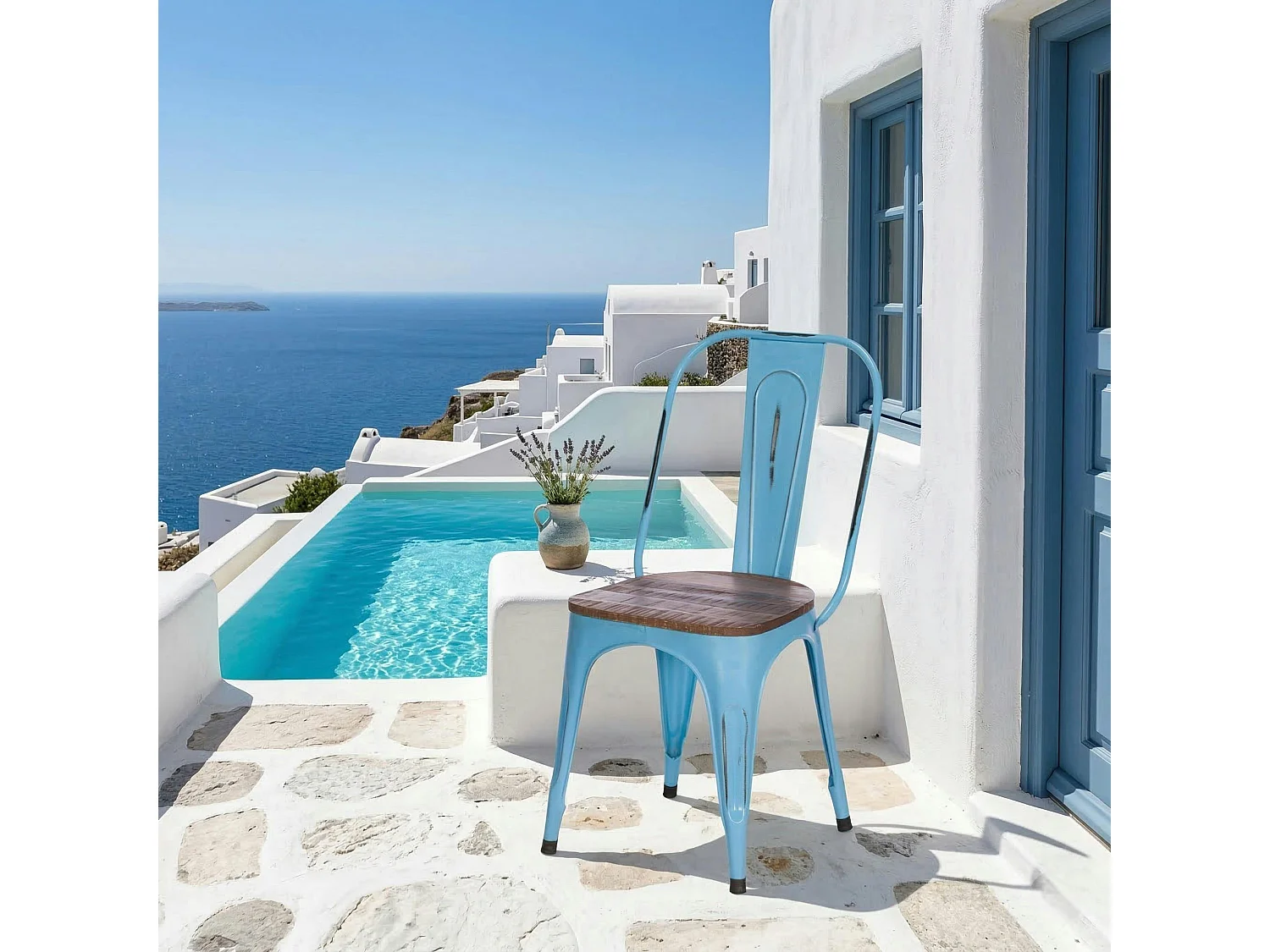 Chaise industrielle métal bleu bois recyclé LEEDS (lot de 2)