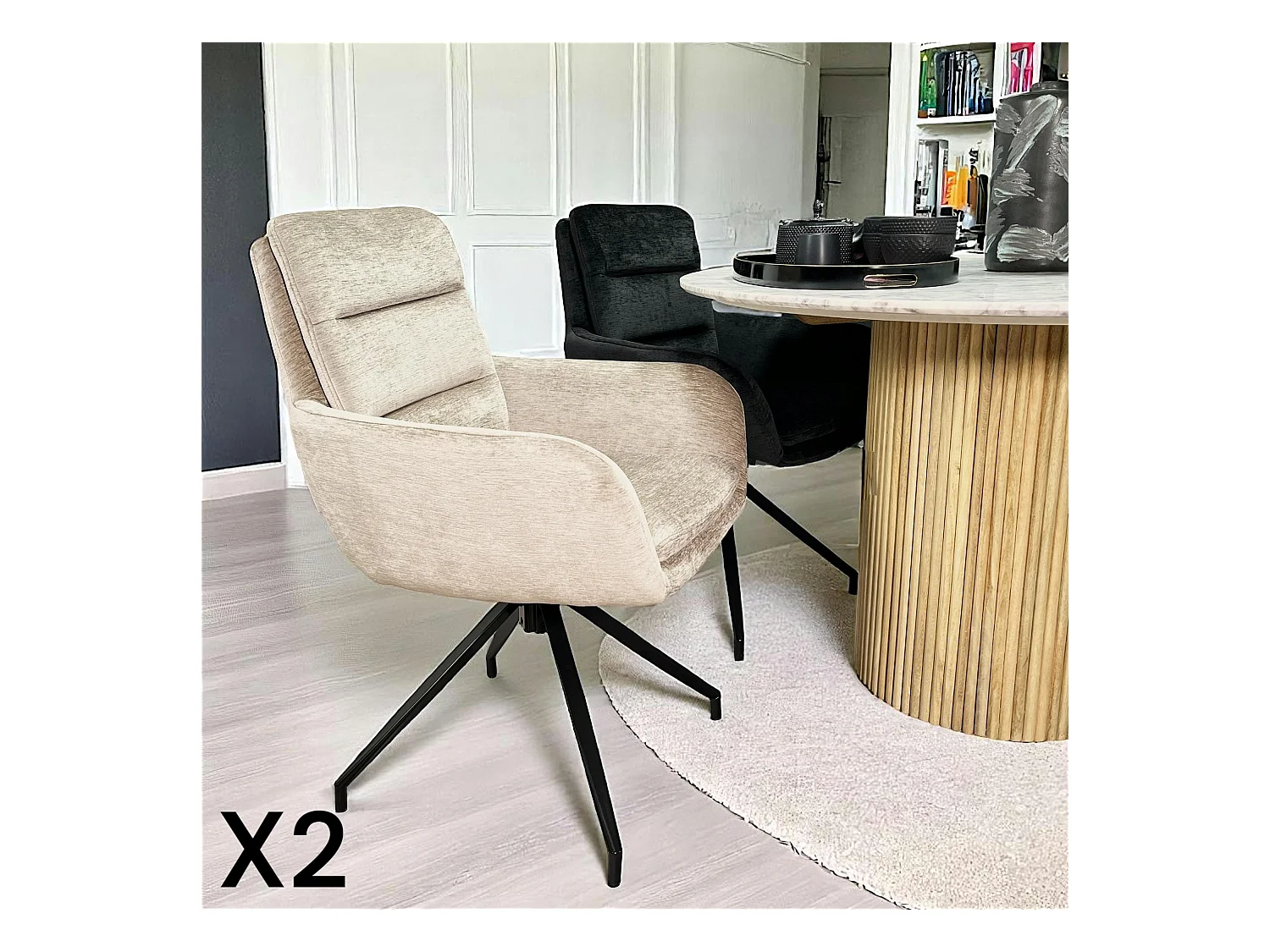Fauteuil de table pivotant en velours taupe (lot de 2) PALERME
