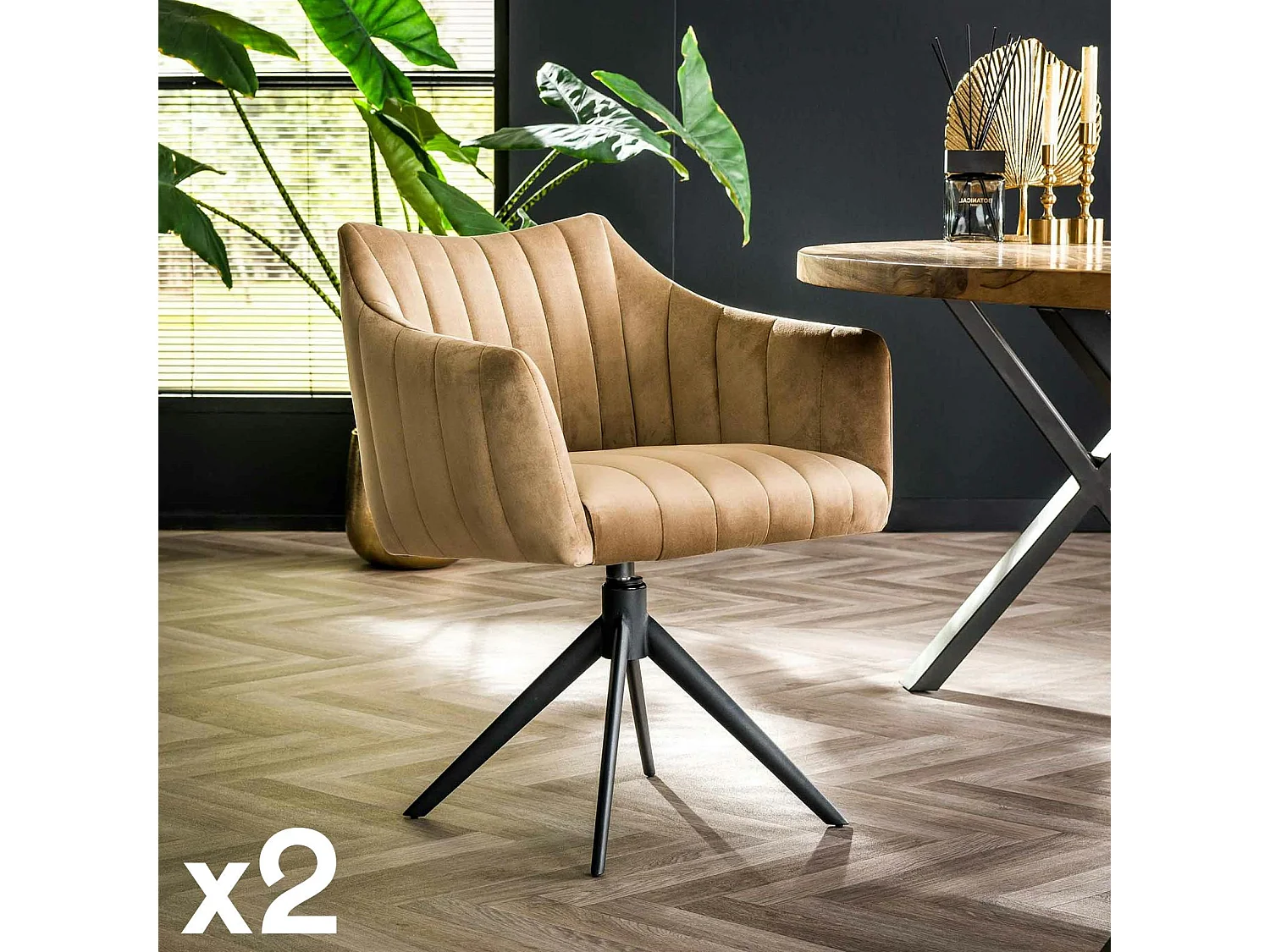 Fauteuil pivotant de table en velours sable à larges bandes (lot de 2) MELBOURNE