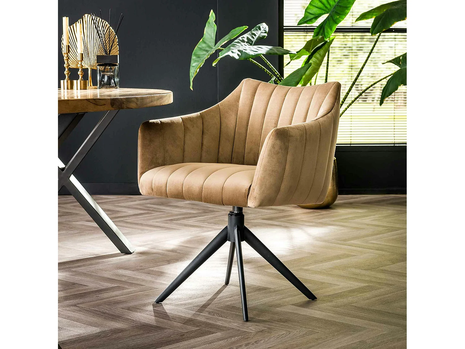 Fauteuil pivotant de table en velours sable à larges bandes (lot de 2) MELBOURNE