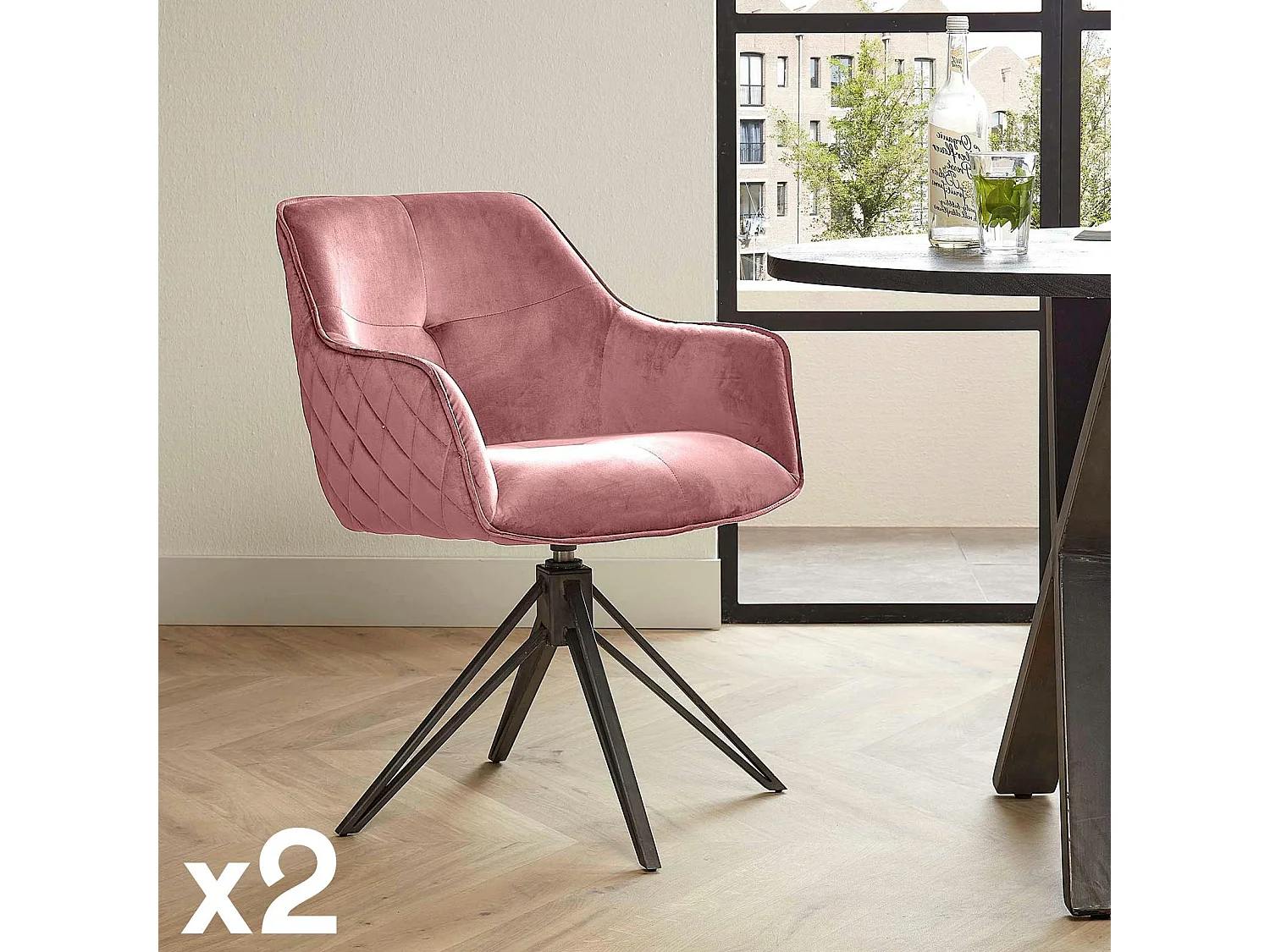 Fauteuil de table en velours rose pivotant MELBOURNE (lot de 2)
