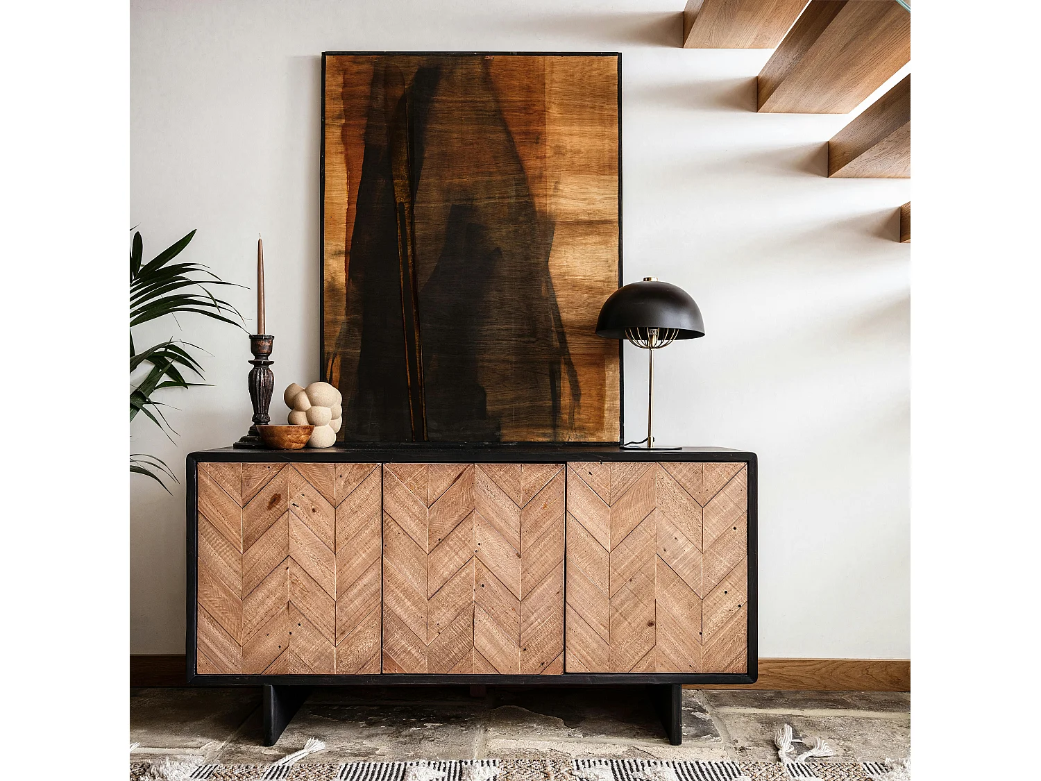 Buffet en bois recyclé FSC 3 portes motif chevron FAGA