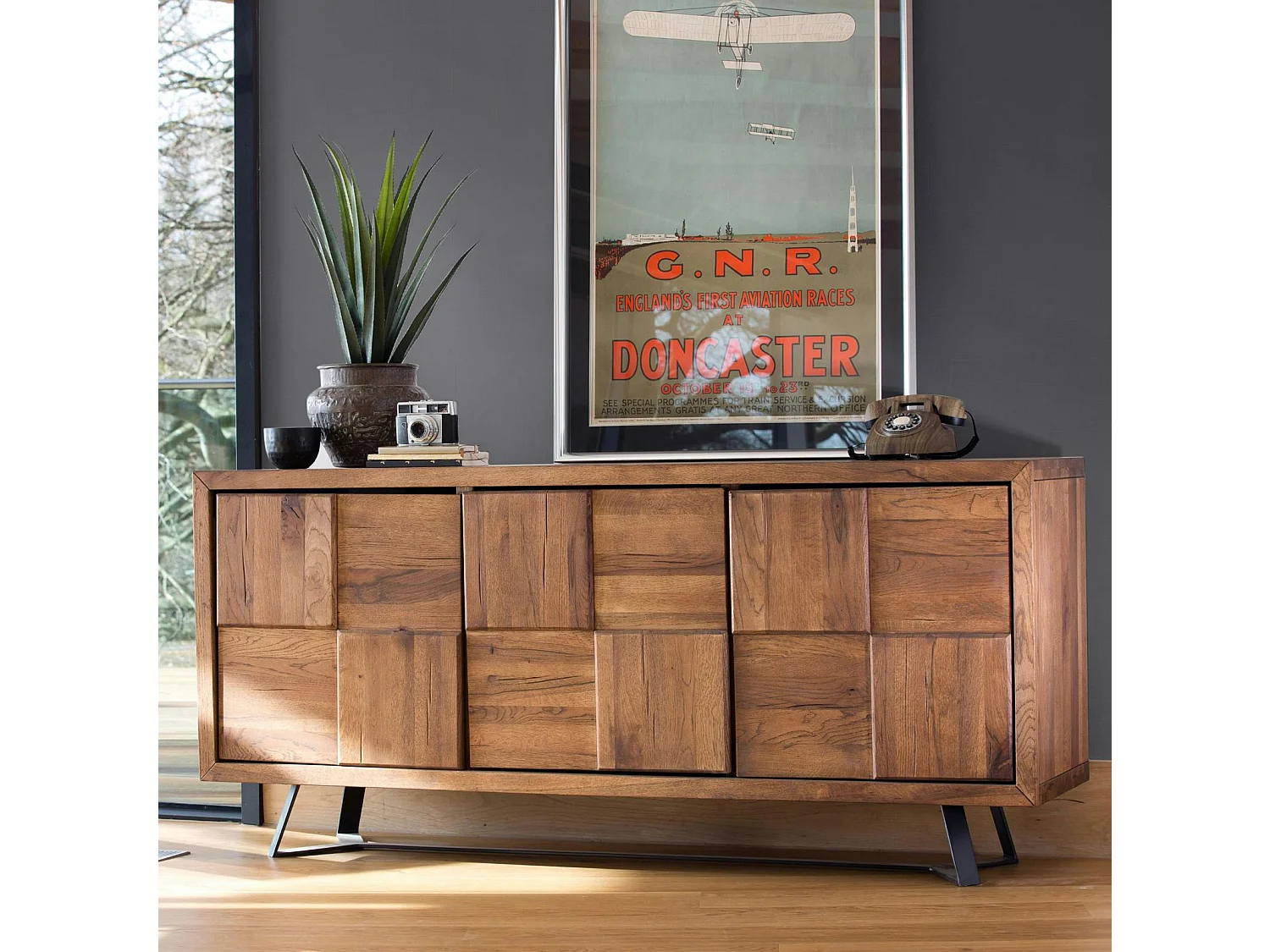 Buffet bois motif damier 3 portes 176 cm OKA
