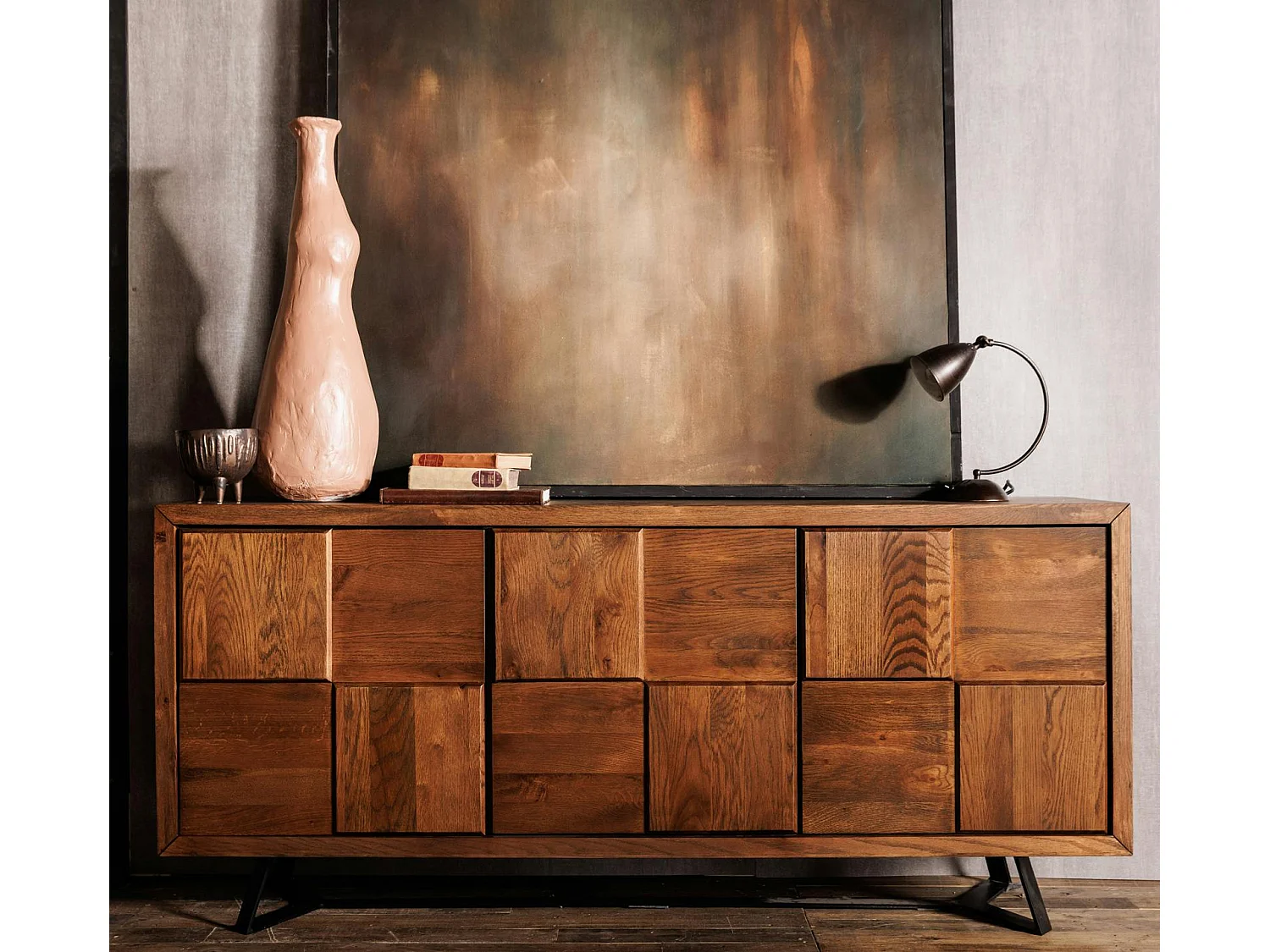 Buffet bois motif damier 3 portes 176 cm OKA