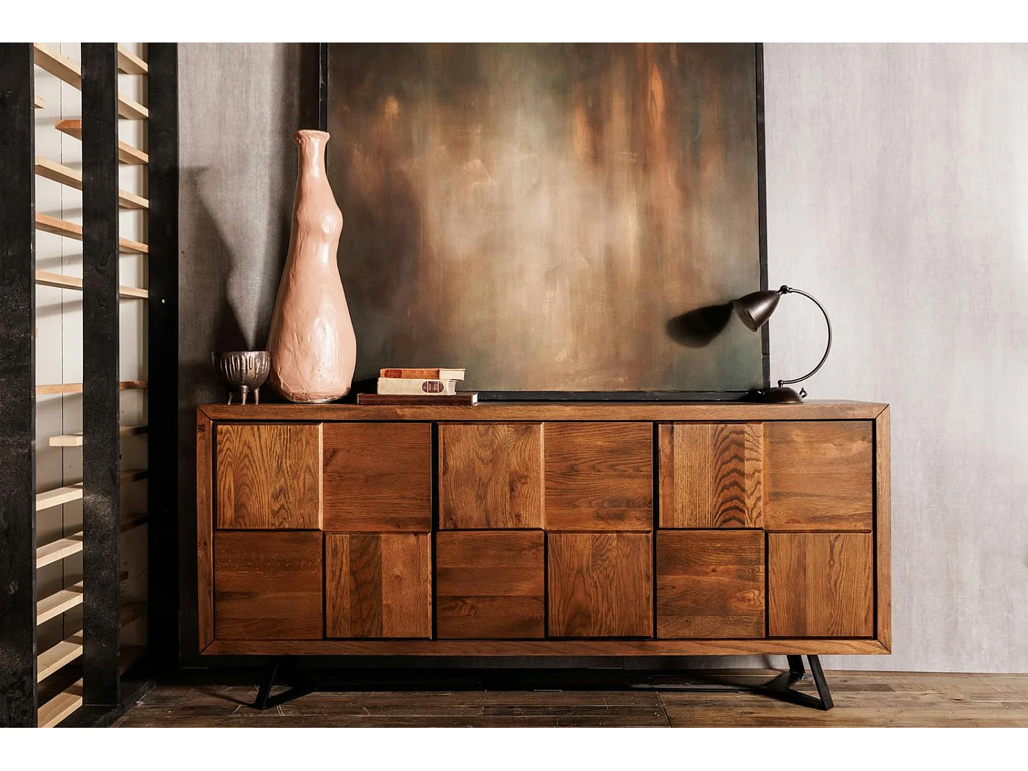 Buffet bois motif damier 3 portes 176 cm OKA