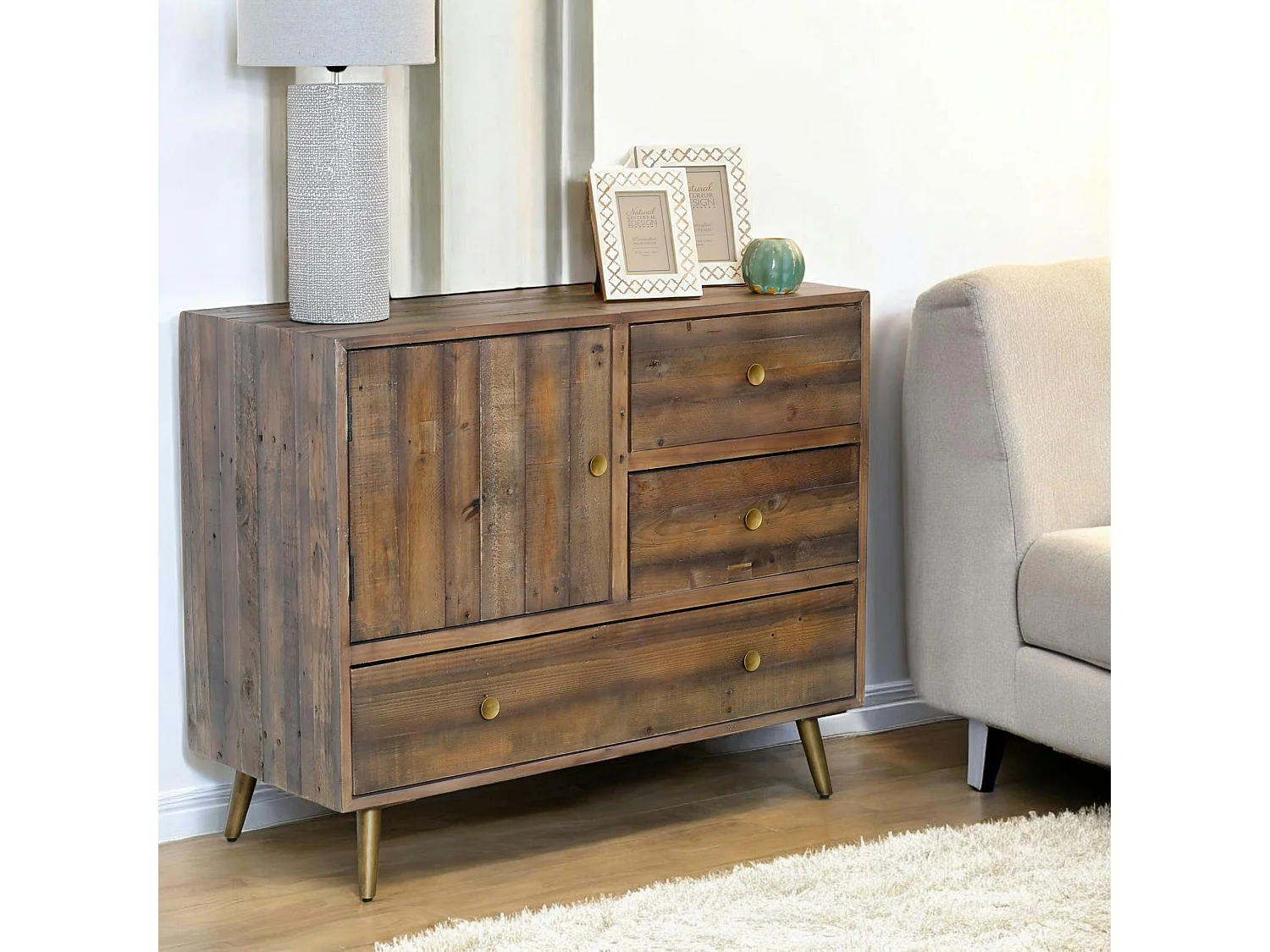 Petit buffet bois recyclé piètement effet laiton vieilli ADÉLAÏDE