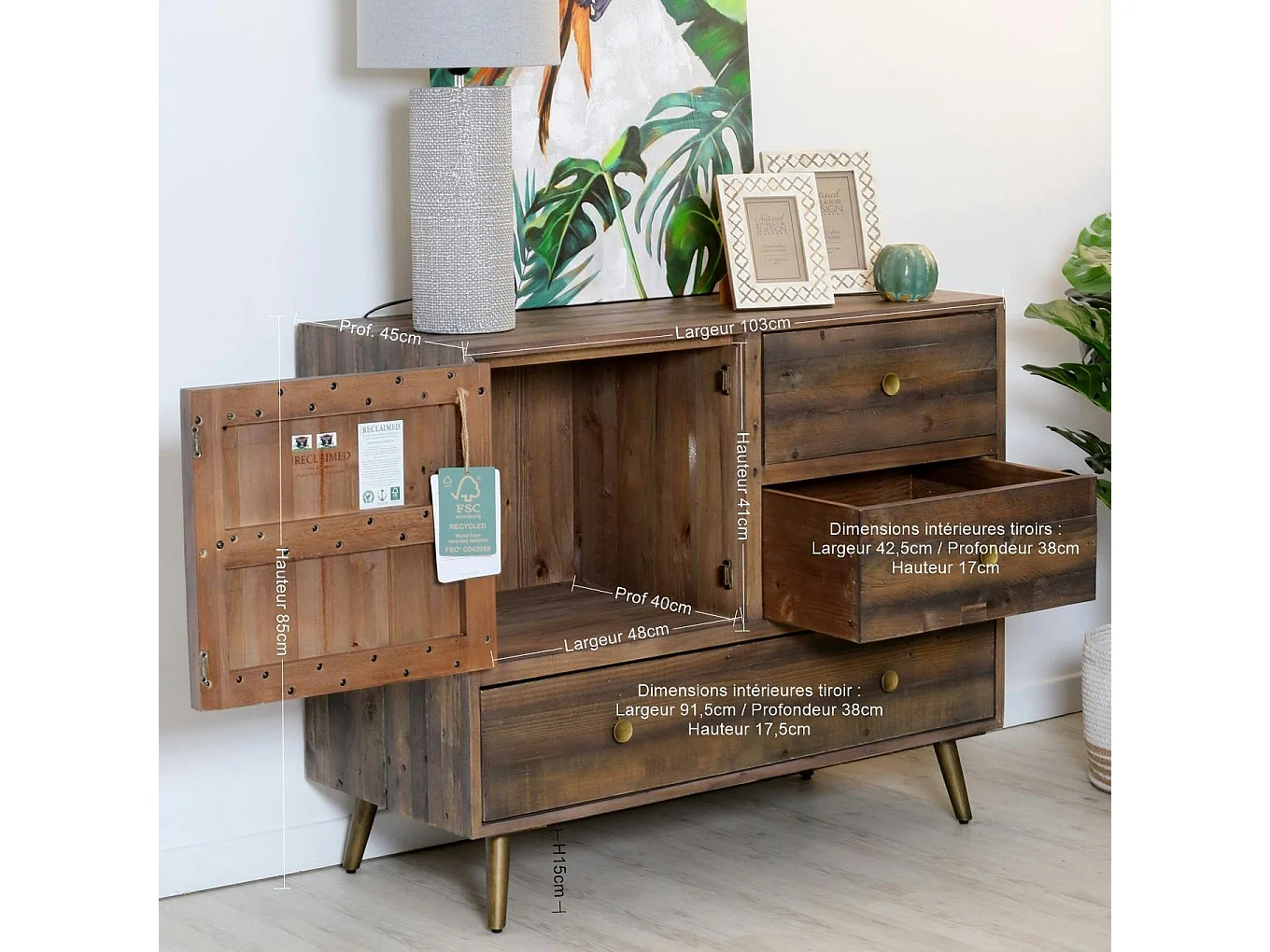 Petit buffet bois recyclé piètement effet laiton vieilli ADÉLAÏDE