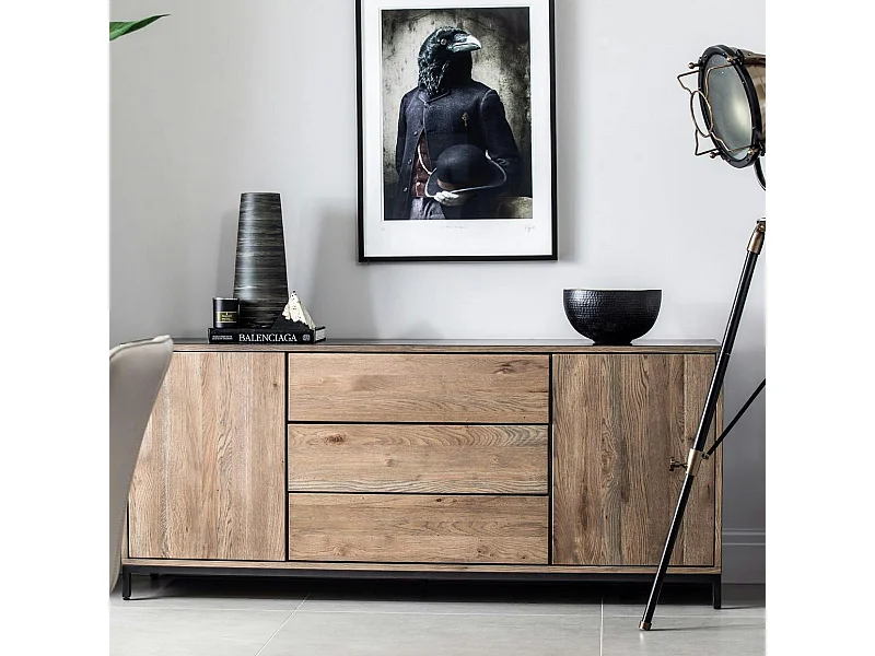 Buffet contemporain chêne massif encadrement métal noir HUDSON