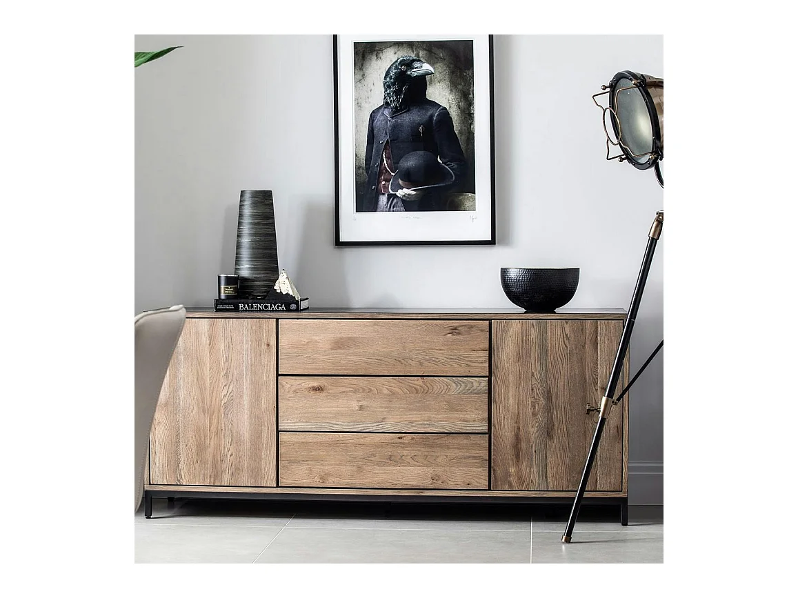 Buffet contemporain chêne massif encadrement métal noir HUDSON