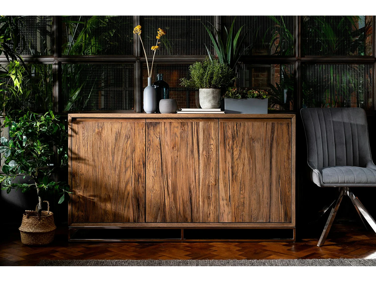 Buffet moderne 3 portes chêne acier RIVERSIDE