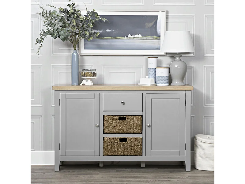 Buffet gris en chêne avec paniers de rangement PAROS