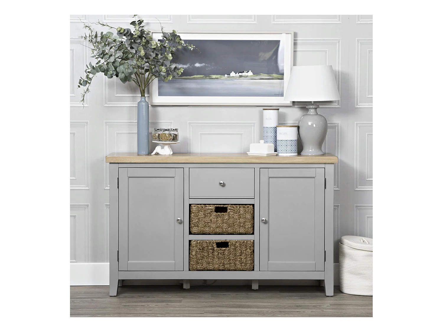 Buffet gris en chêne avec paniers de rangement PAROS