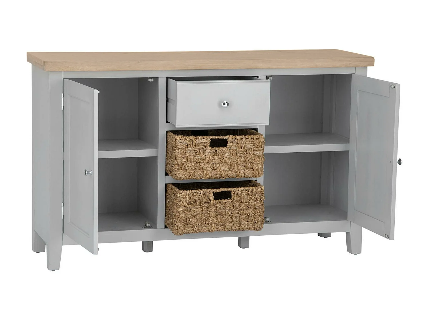 Buffet gris en chêne avec paniers de rangement PAROS