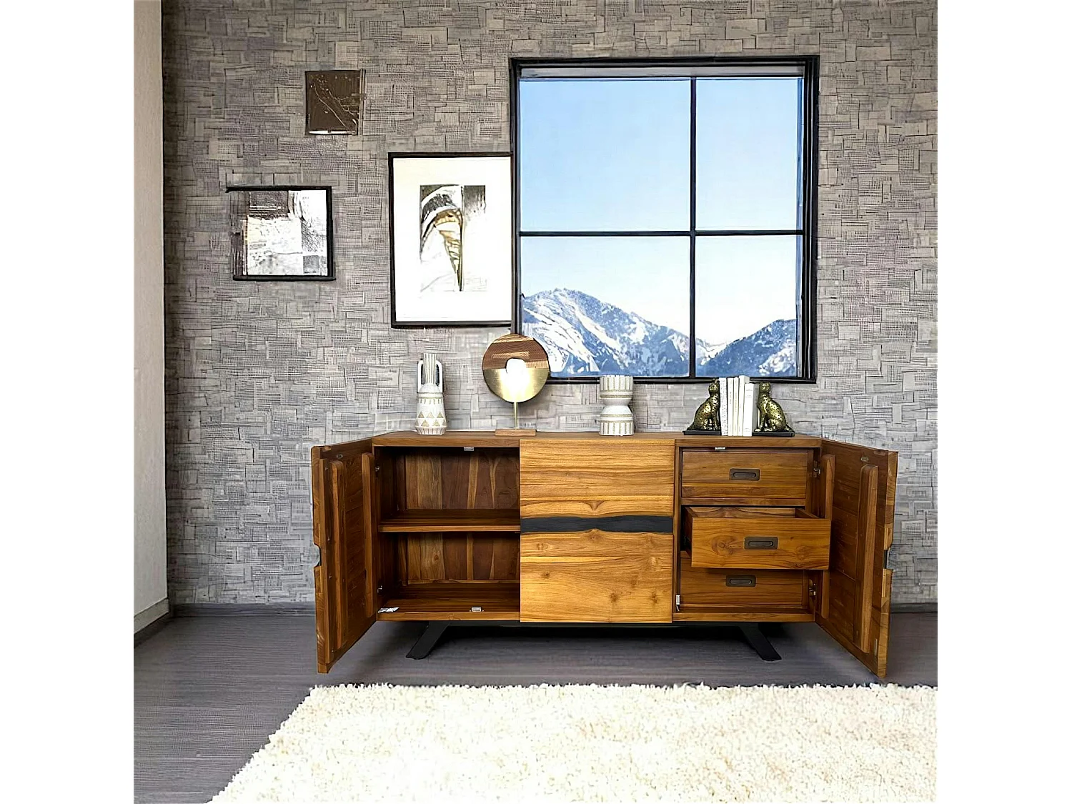 Buffet moderne bois recyclé teck laque noire BARBADE