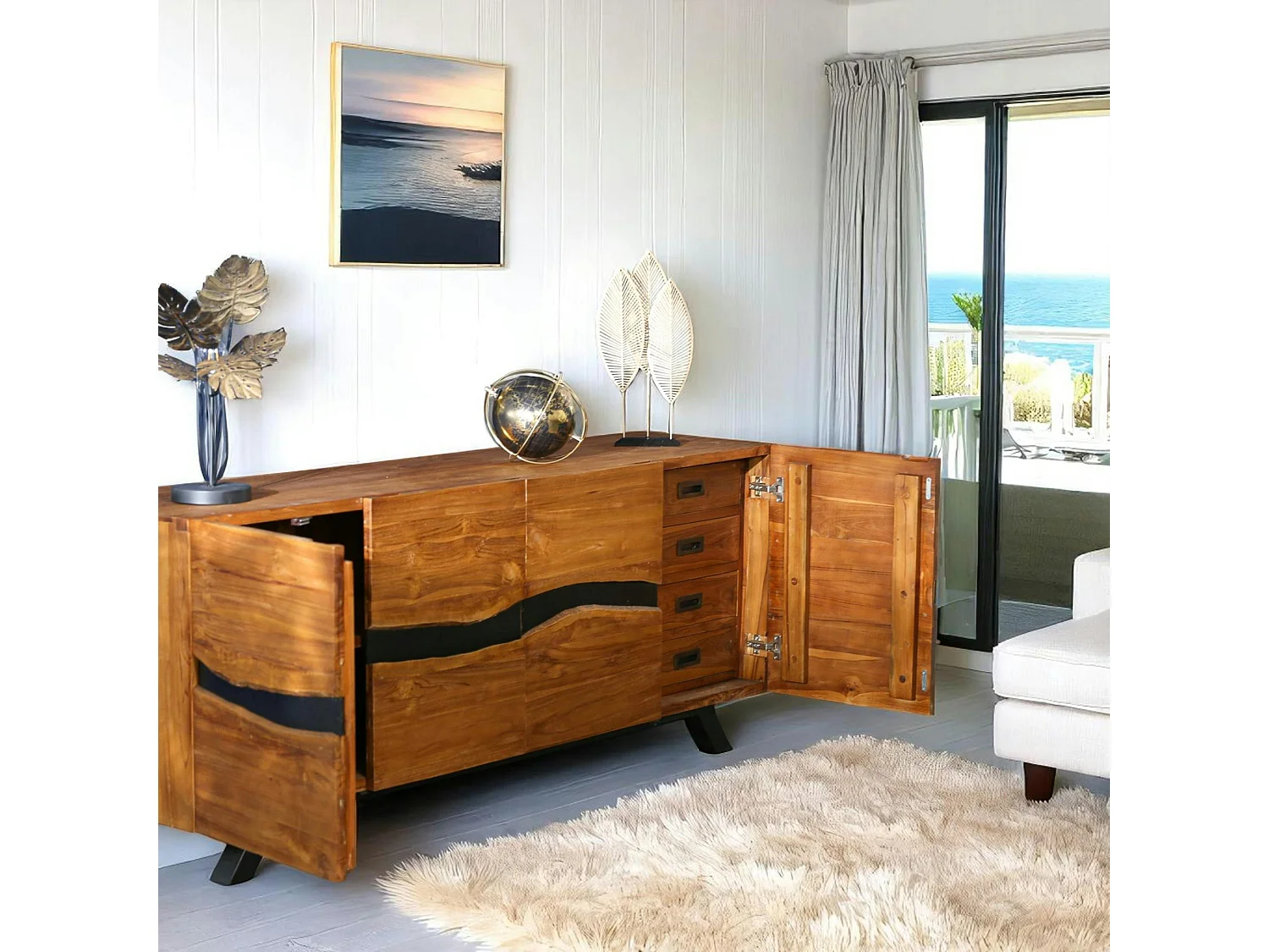 Buffet moderne bois recyclé teck laque noire 200 cm BARBADE