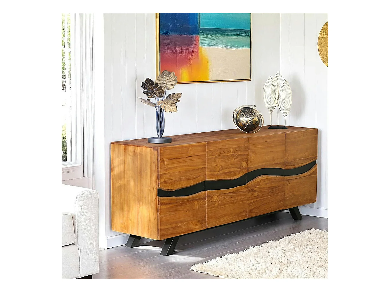 Buffet moderne bois recyclé teck laque noire 200 cm BARBADE