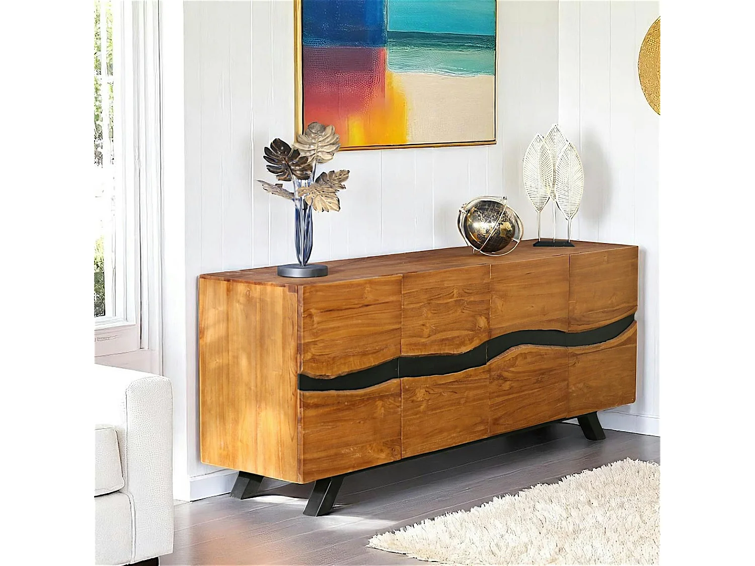 Buffet moderne bois recyclé teck laque noire 200 cm BARBADE