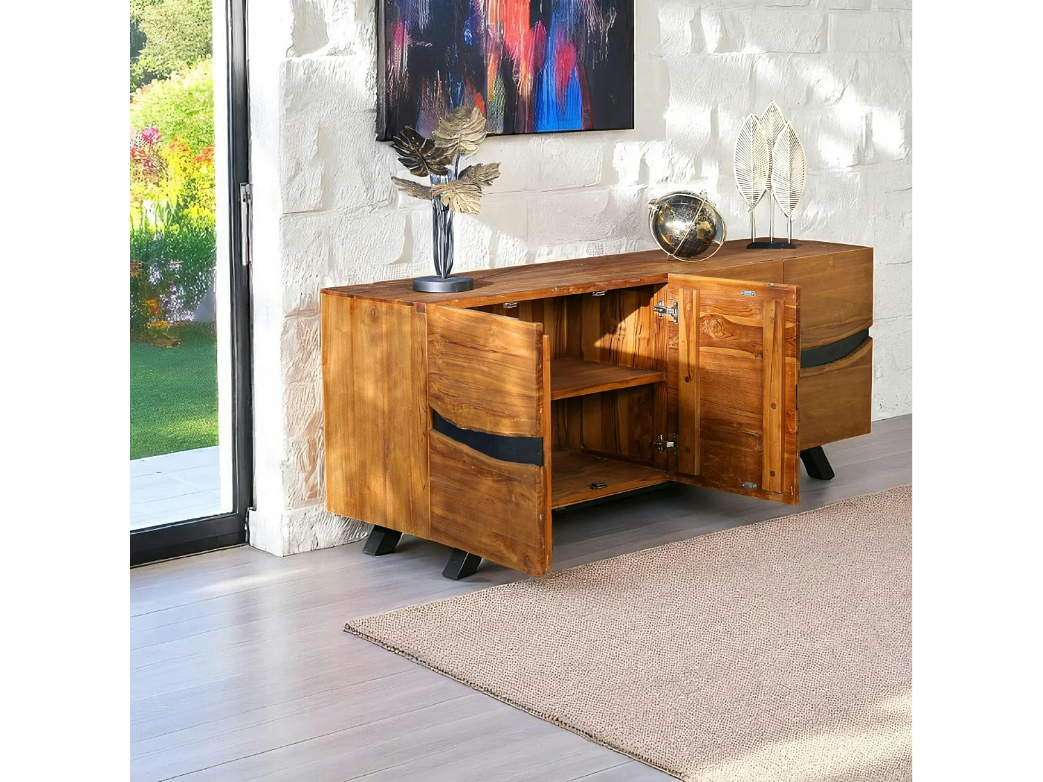 Buffet moderne bois recyclé teck laque noire 200 cm BARBADE