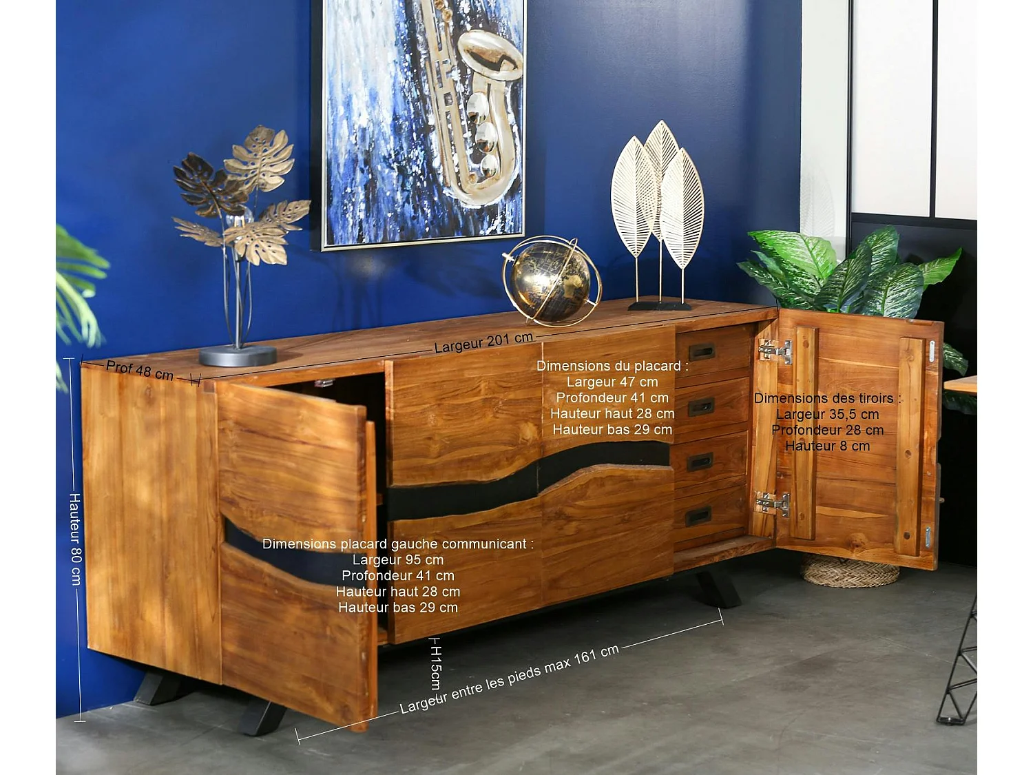 Buffet moderne bois recyclé teck laque noire 200 cm BARBADE