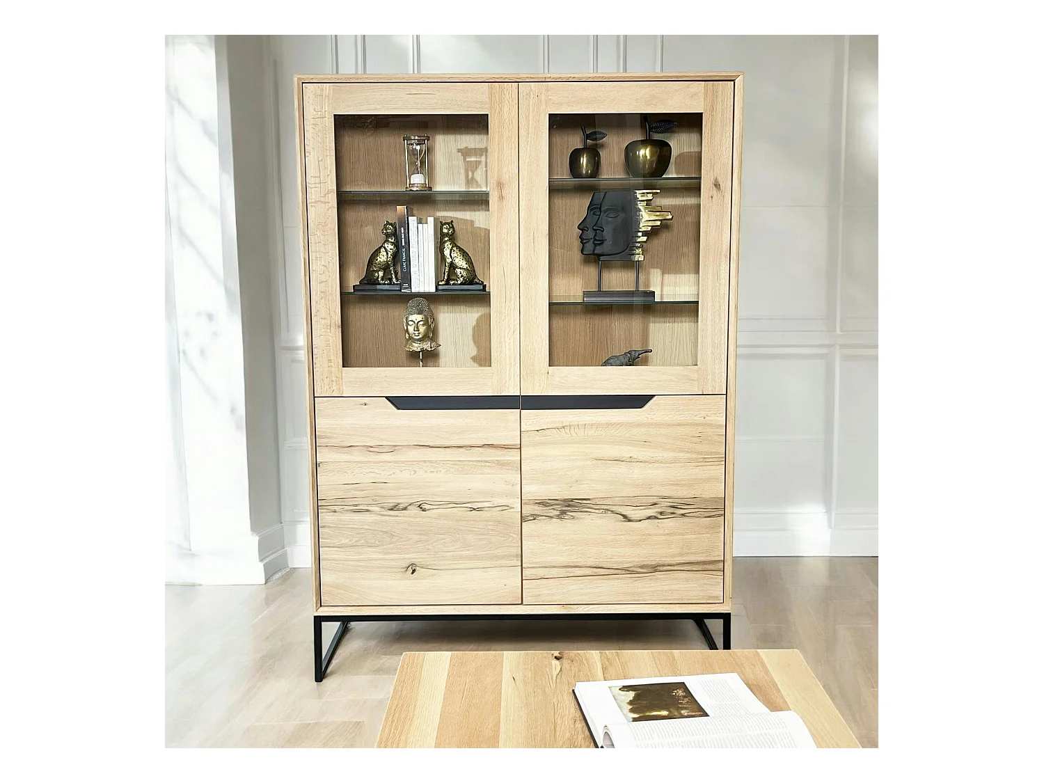 Buffet haut en chêne massif blanc éclairage led PALERME