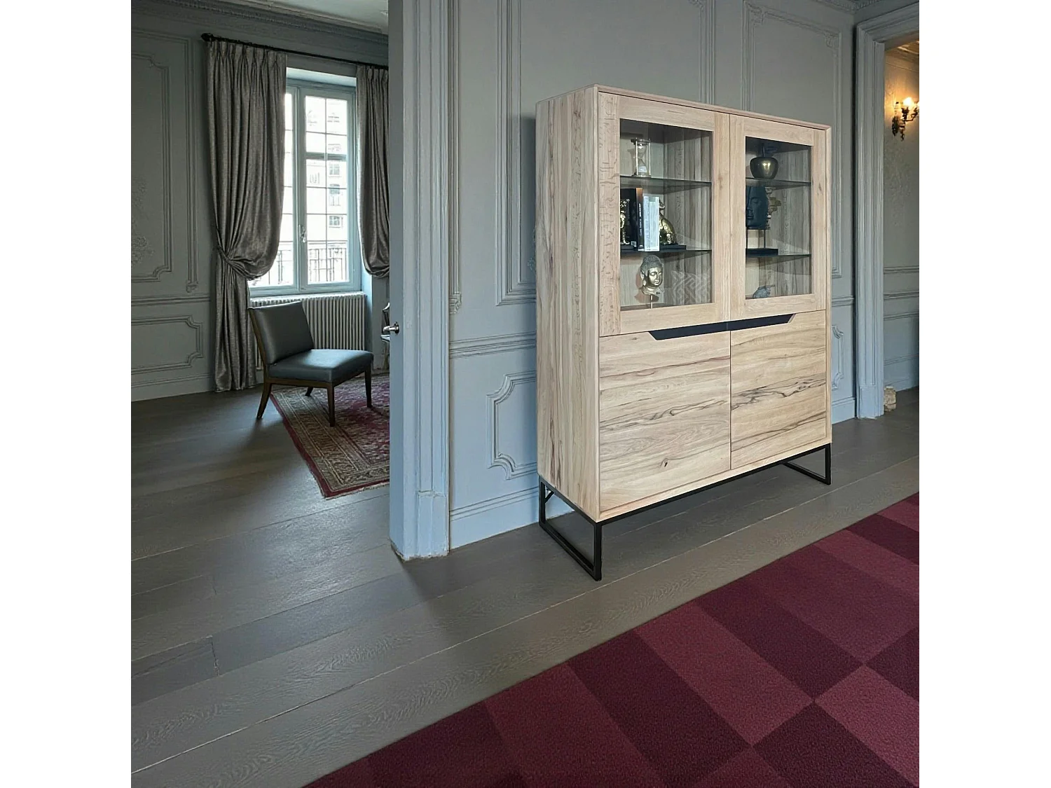 Buffet haut en chêne massif blanc éclairage led PALERME