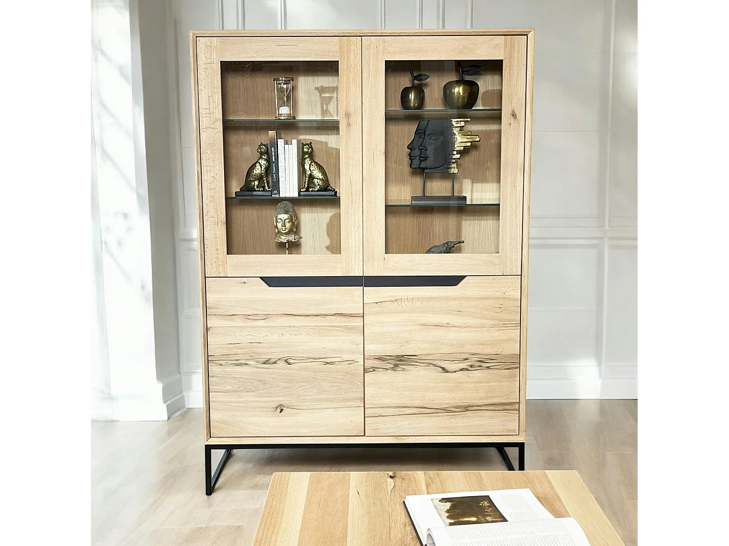 Buffet haut en chêne massif blanc éclairage led PALERME