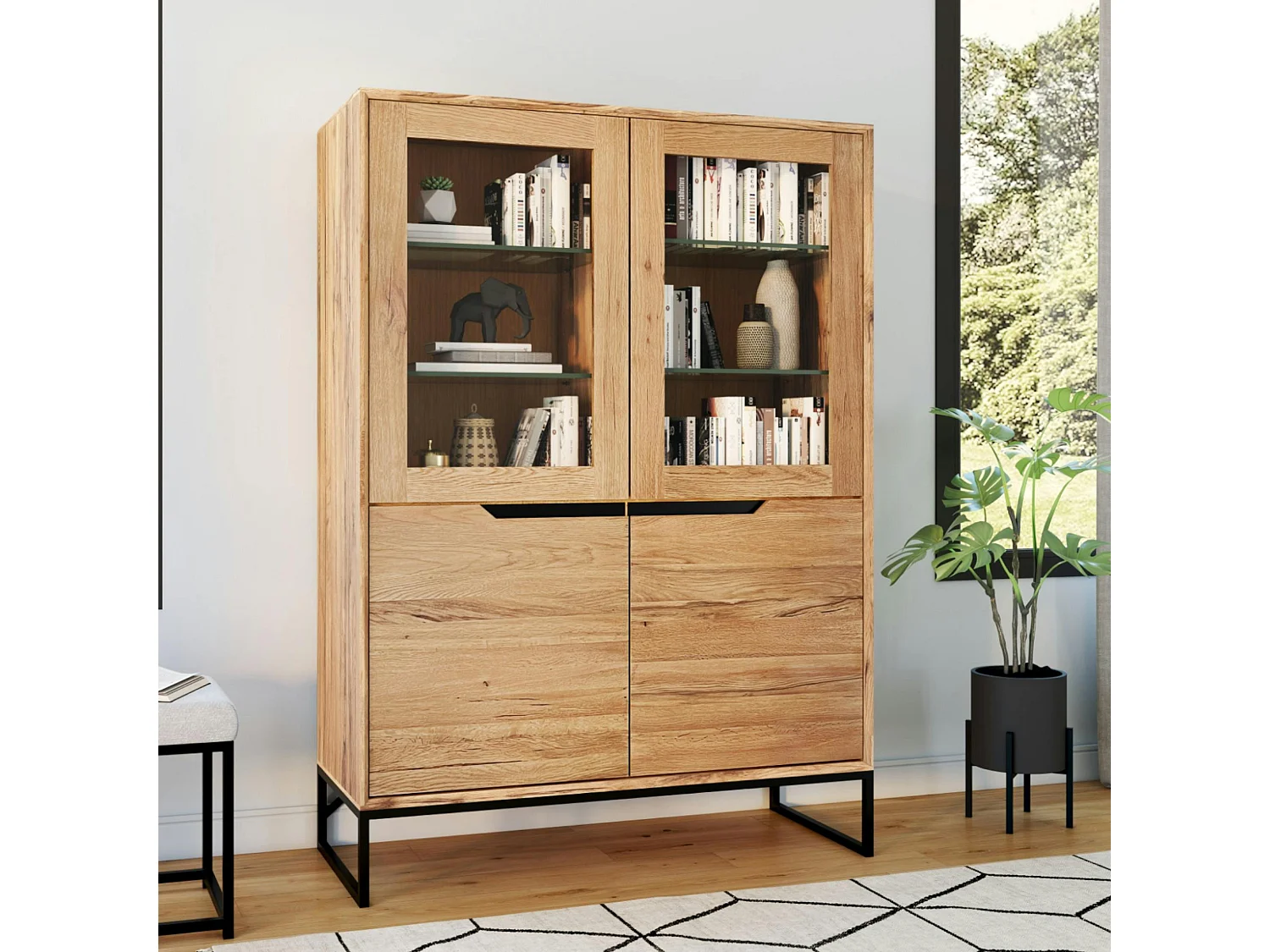 Buffet haut en chêne massif huilé éclairage led PALERME