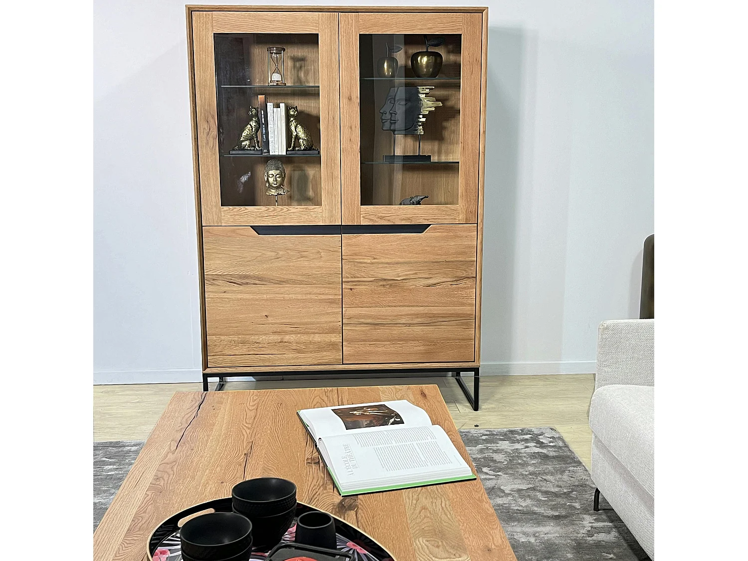 Buffet haut en chêne massif huilé éclairage led PALERME