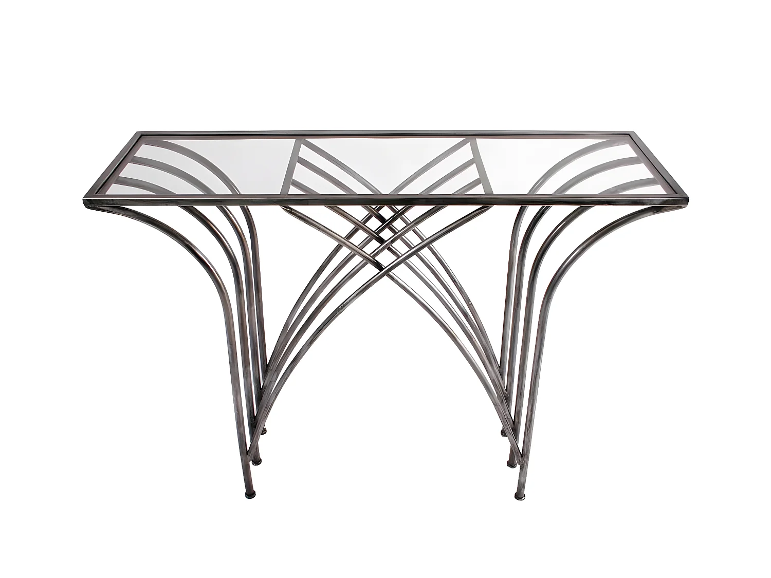 Console en métal chromé pieds en arcs croisés et plateau verre 30x104x79cm