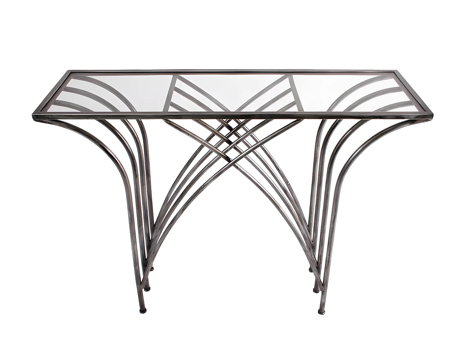 Console en métal chromé pieds en arcs croisés et plateau verre 30x104x79cm