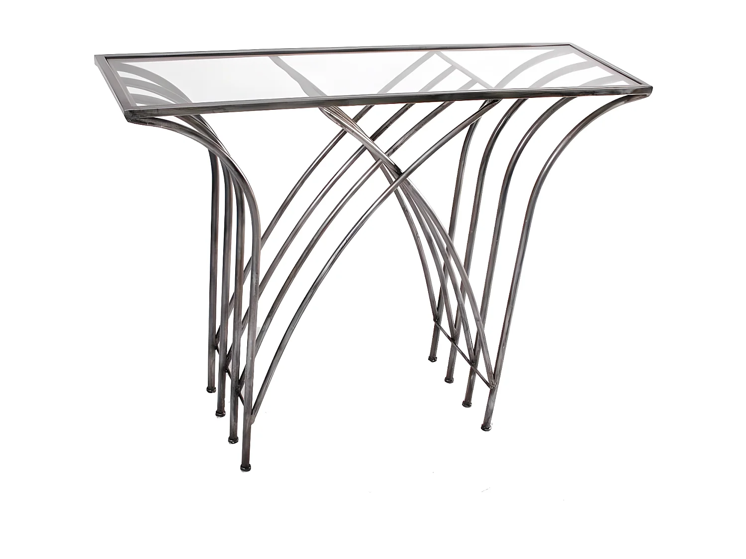 Console en métal chromé pieds en arcs croisés et plateau verre 30x104x79cm