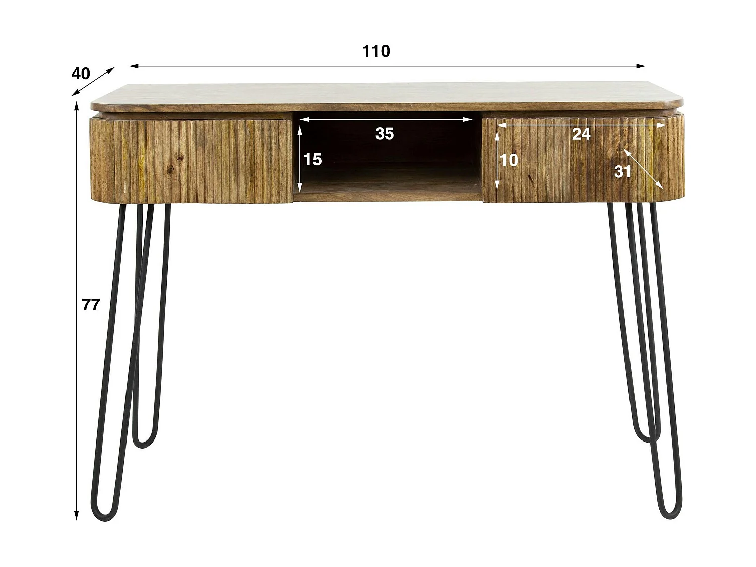 Console de chambre en bois de manguier motif baguette 2 tiroirs DELHI