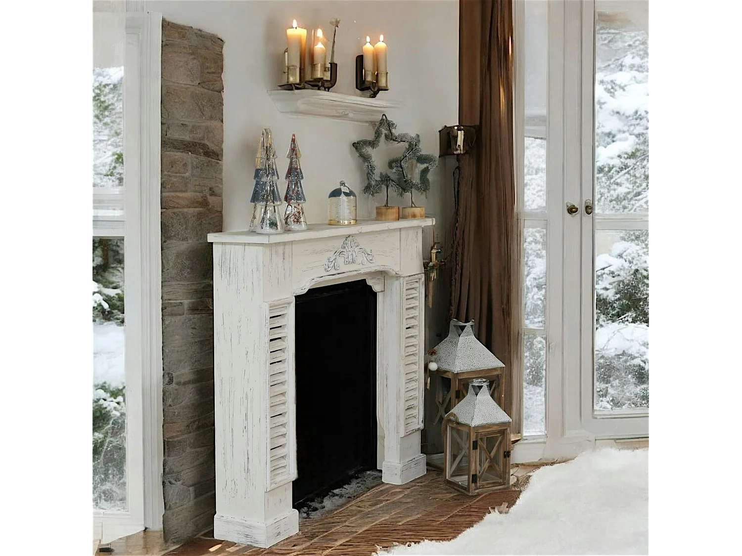 Manteau de cheminée en bois blanc aspect vieilli