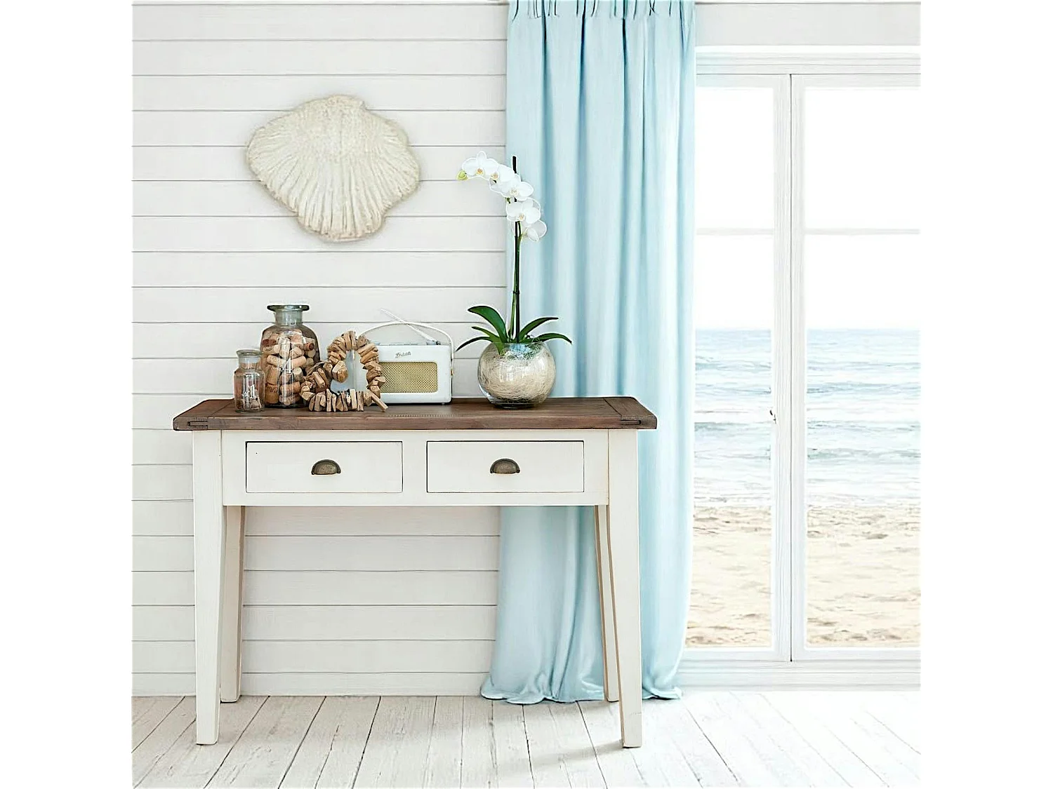 Console bois recyclé blanche 2 tiroirs BRISTOL