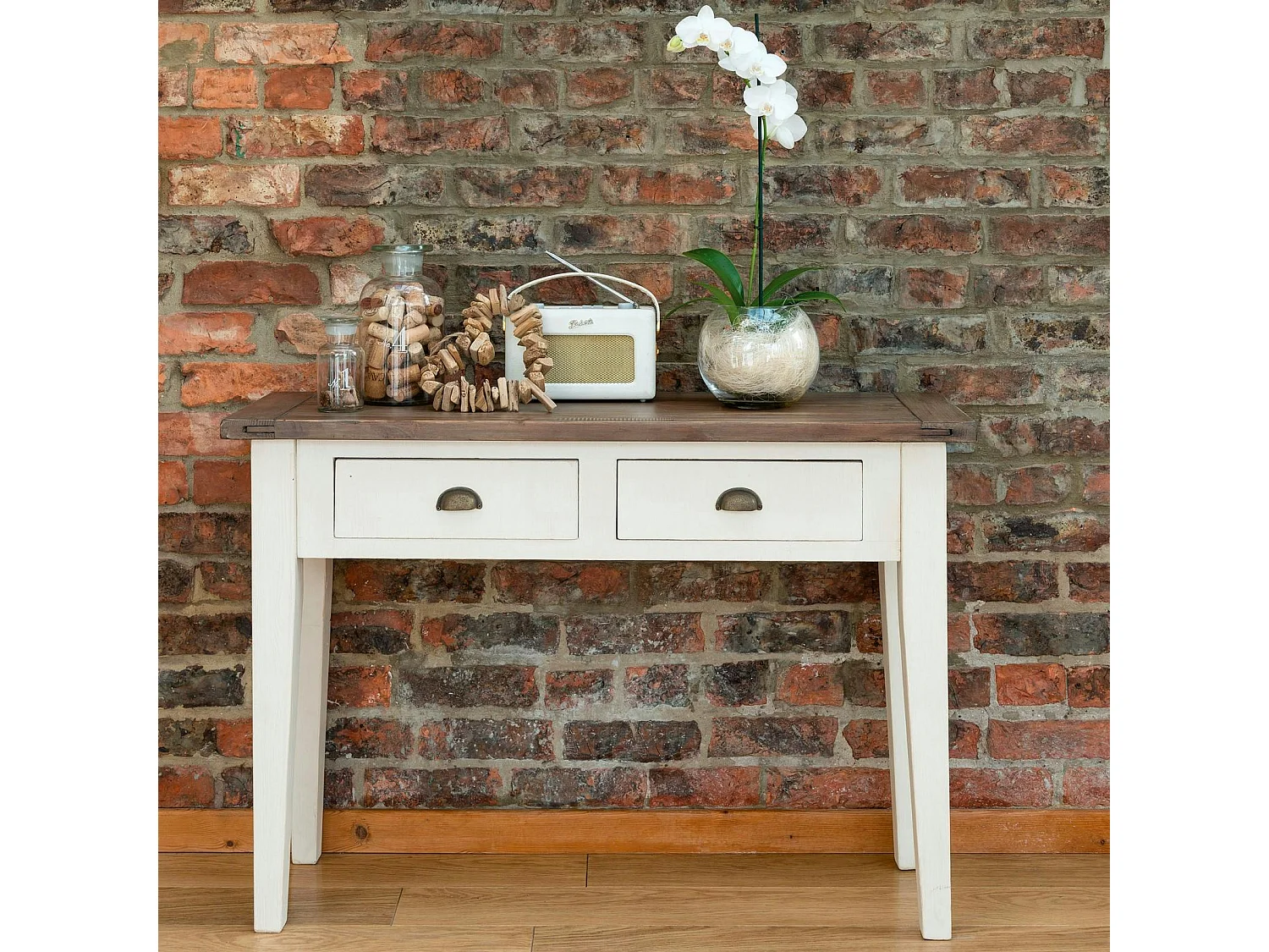 Console bois recyclé blanche 2 tiroirs BRISTOL