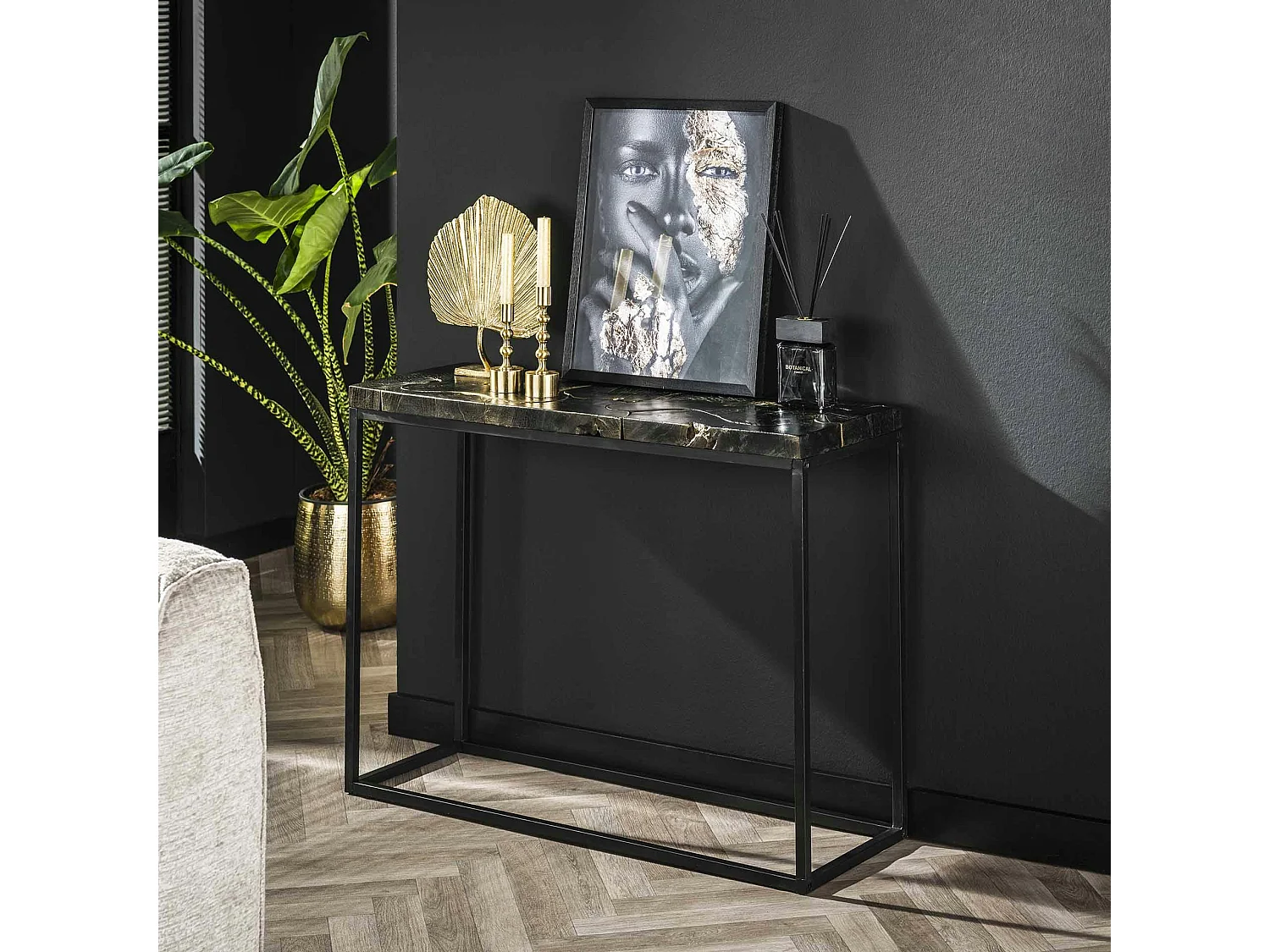 Console en bois recyclé de teck, noire et or NOVA