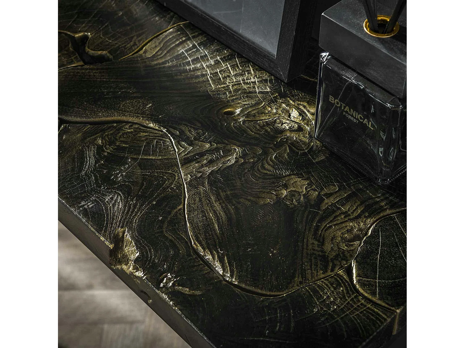 Console en bois recyclé de teck, noire et or NOVA