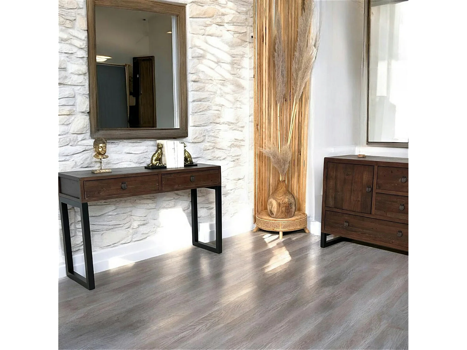 Console bois brun recyclé 2 tiroirs SAMOA