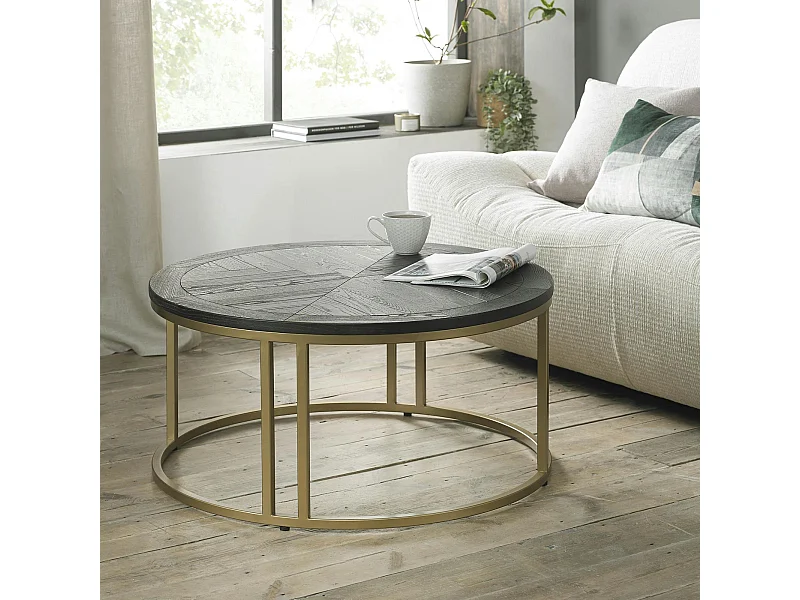 Table basse noire ronde en marqueterie de bois VALLEY