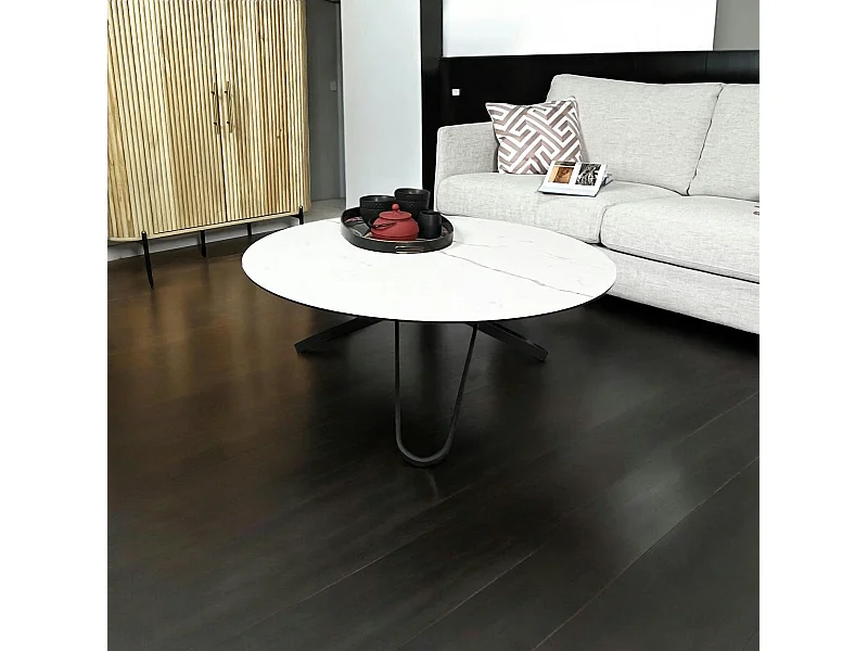 Table basse ronde en céramique marbrée blanche LOMBARDIE