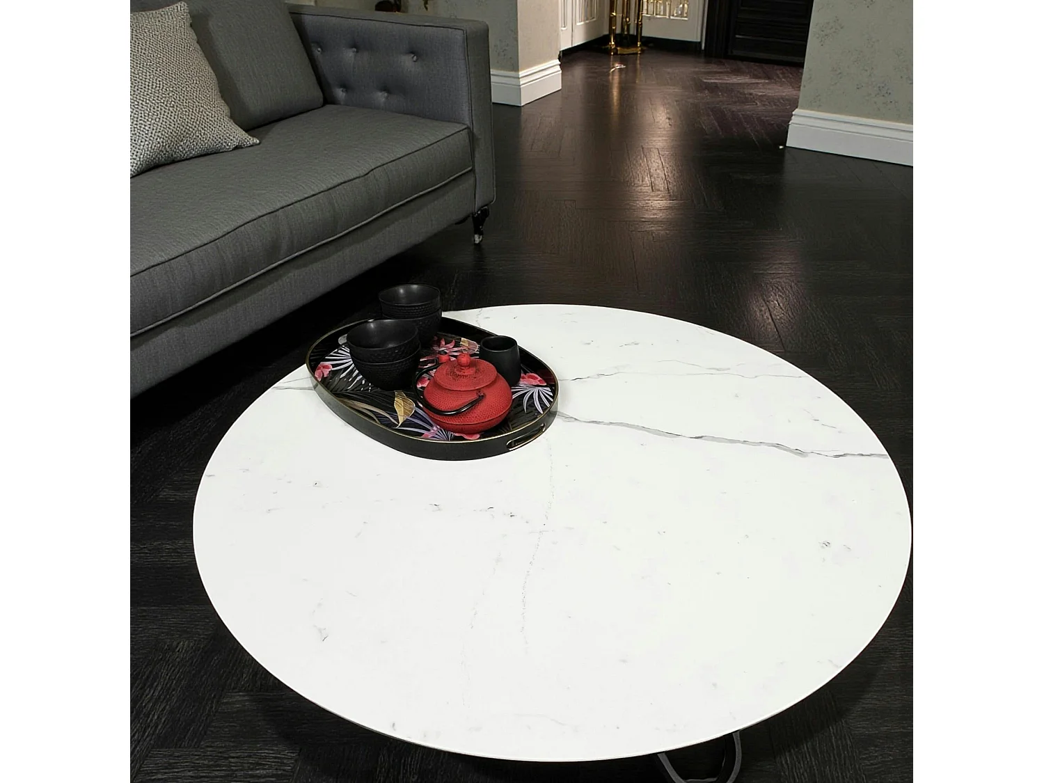 Table basse ronde en céramique marbrée blanche LOMBARDIE