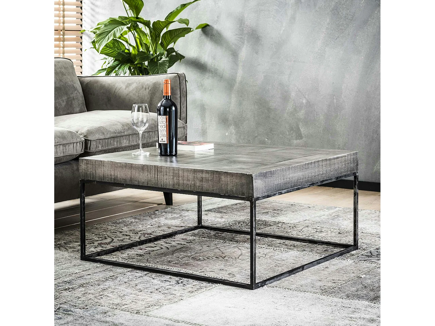 Table basse grise bois massif 80 cm LUCKNOW